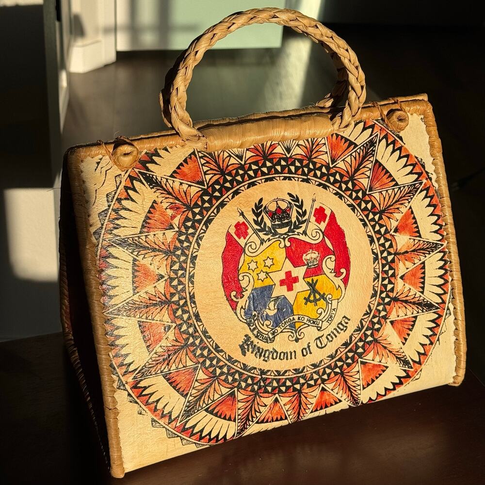 Vintage Kingdom of Tonga Tapa Bark Cloth Handmade Folk Art Handbag Purse 1970s